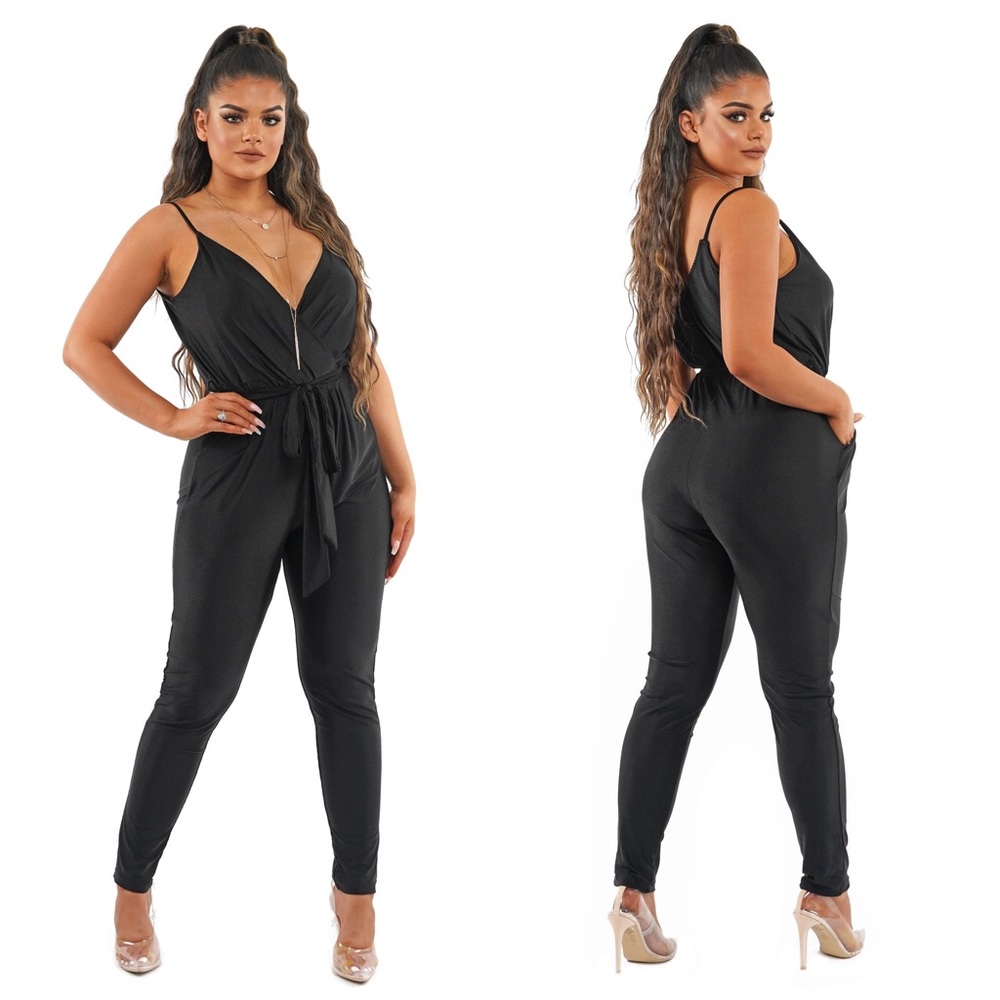 Black Surplice Self-tie Belt Jumpsuit